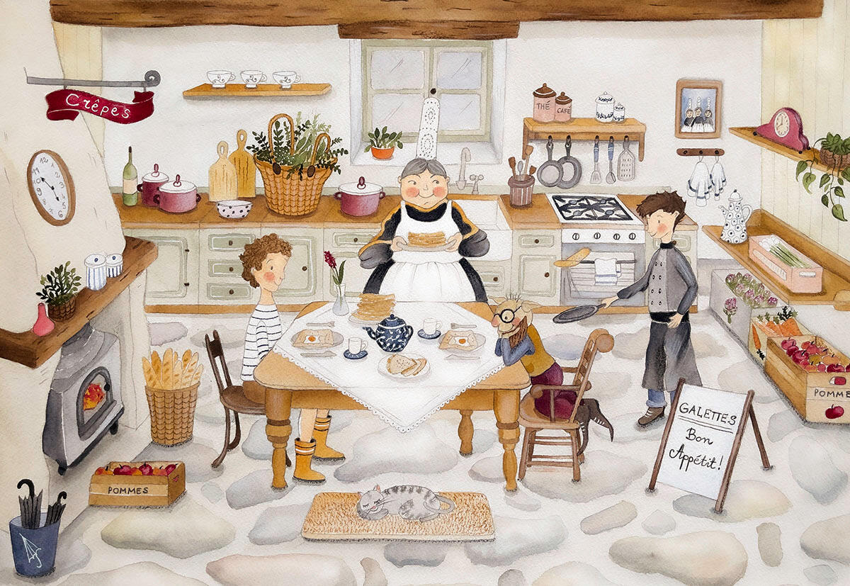 "Le Chapeau Perdu" Watercolor illustration of Malo and Kélian eating French crêpes.