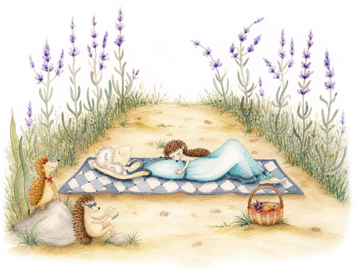 "Woolly" Picture book illustration of Woolly napping in a lavender field.